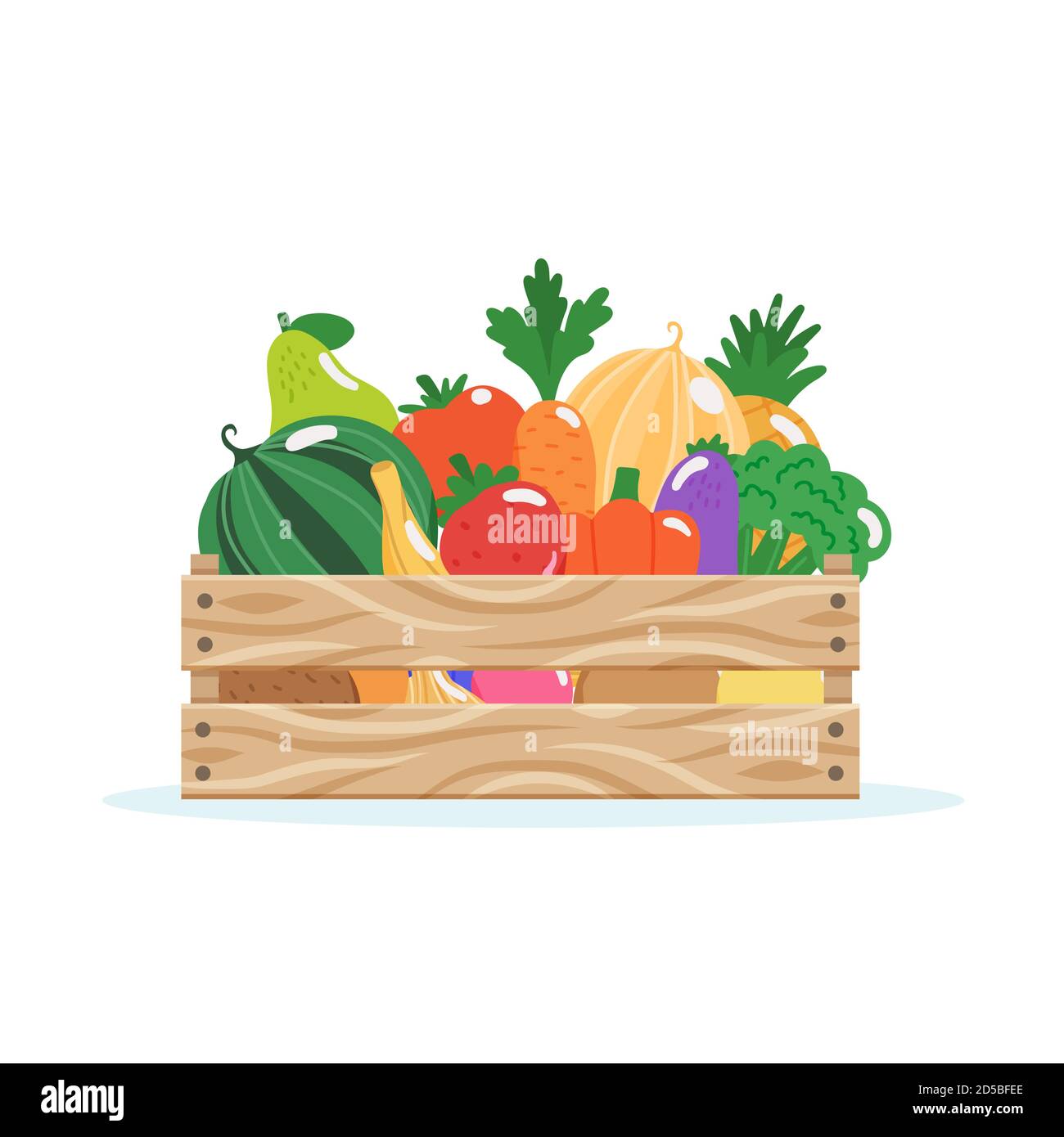 Wooden box with fruits and vegetables, vector illustration in flat ...