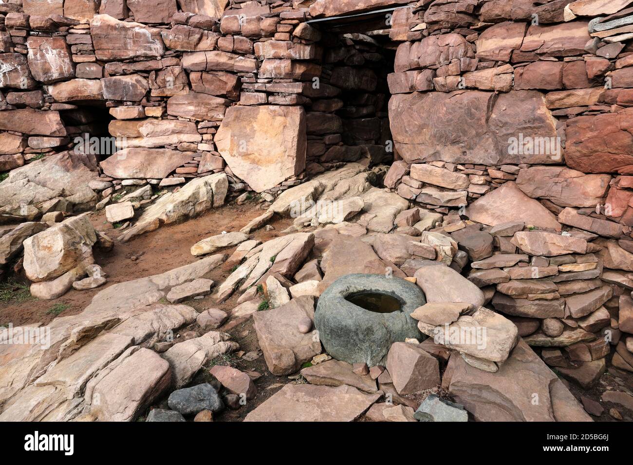 The Interior of Clachtoll Broch (An Dun) which is Under Threat from Coastal Erosion and Storm Damage, West Coast of Assynt, NW Highlands of Scotland, Stock Photo