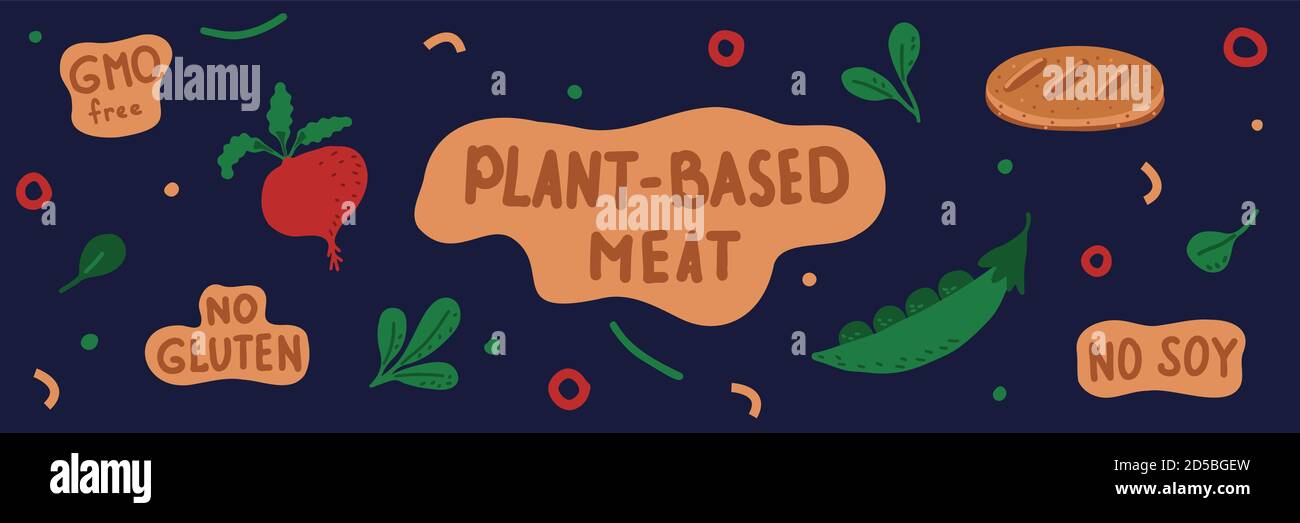 Vector illustration with the set of hand-drawn lettering, plants, and plant-based meatball. Web-banner with a blue background. Stock Vector