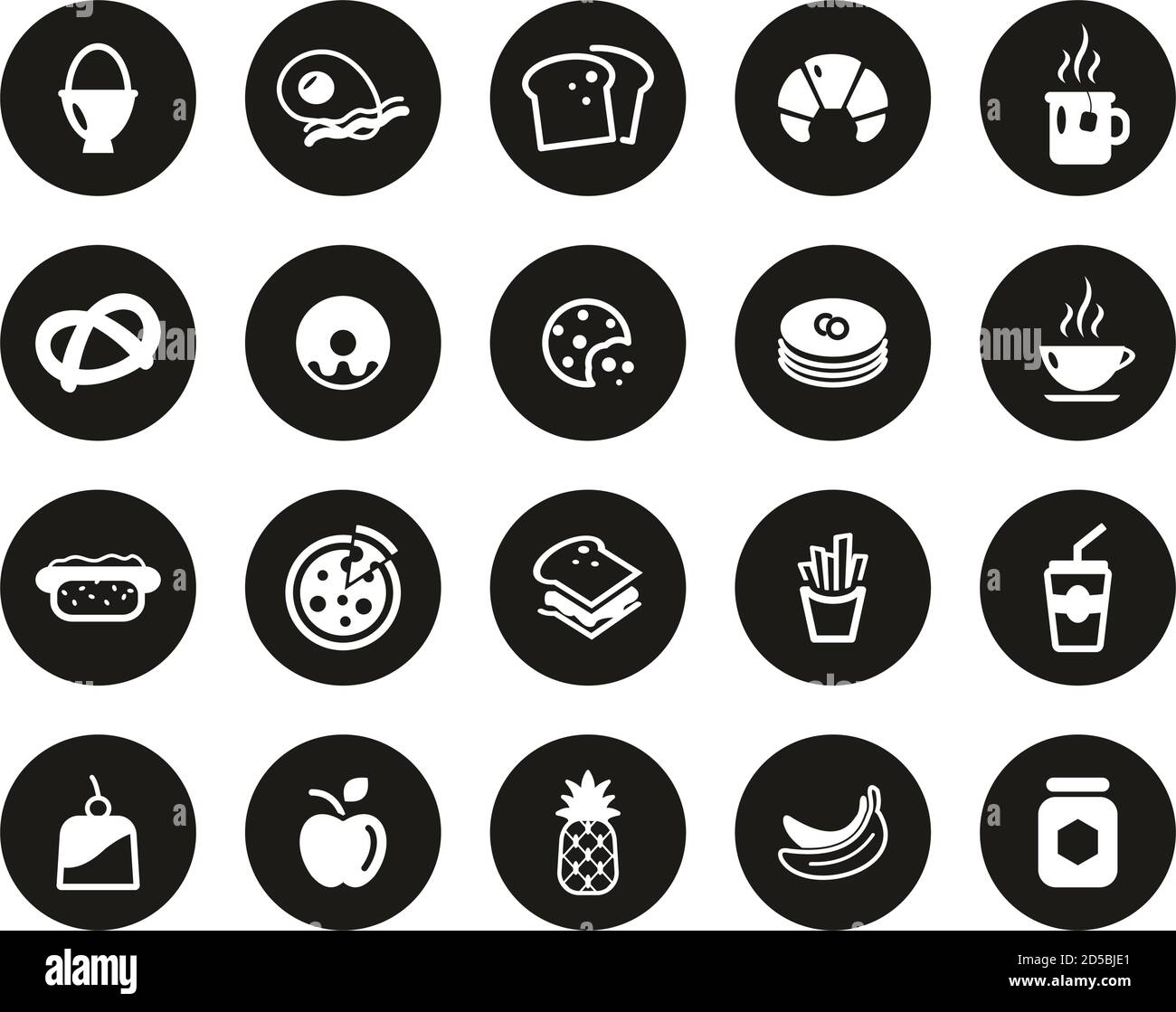 Breakfast Or Food Icons White On Black Flat Design Circle Set Big Stock ...