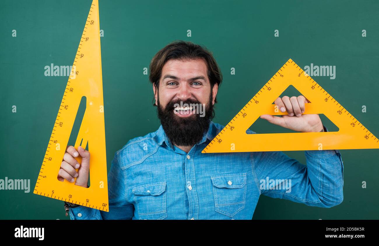 man happy with size measured on triangle ruler math tool, math school ...
