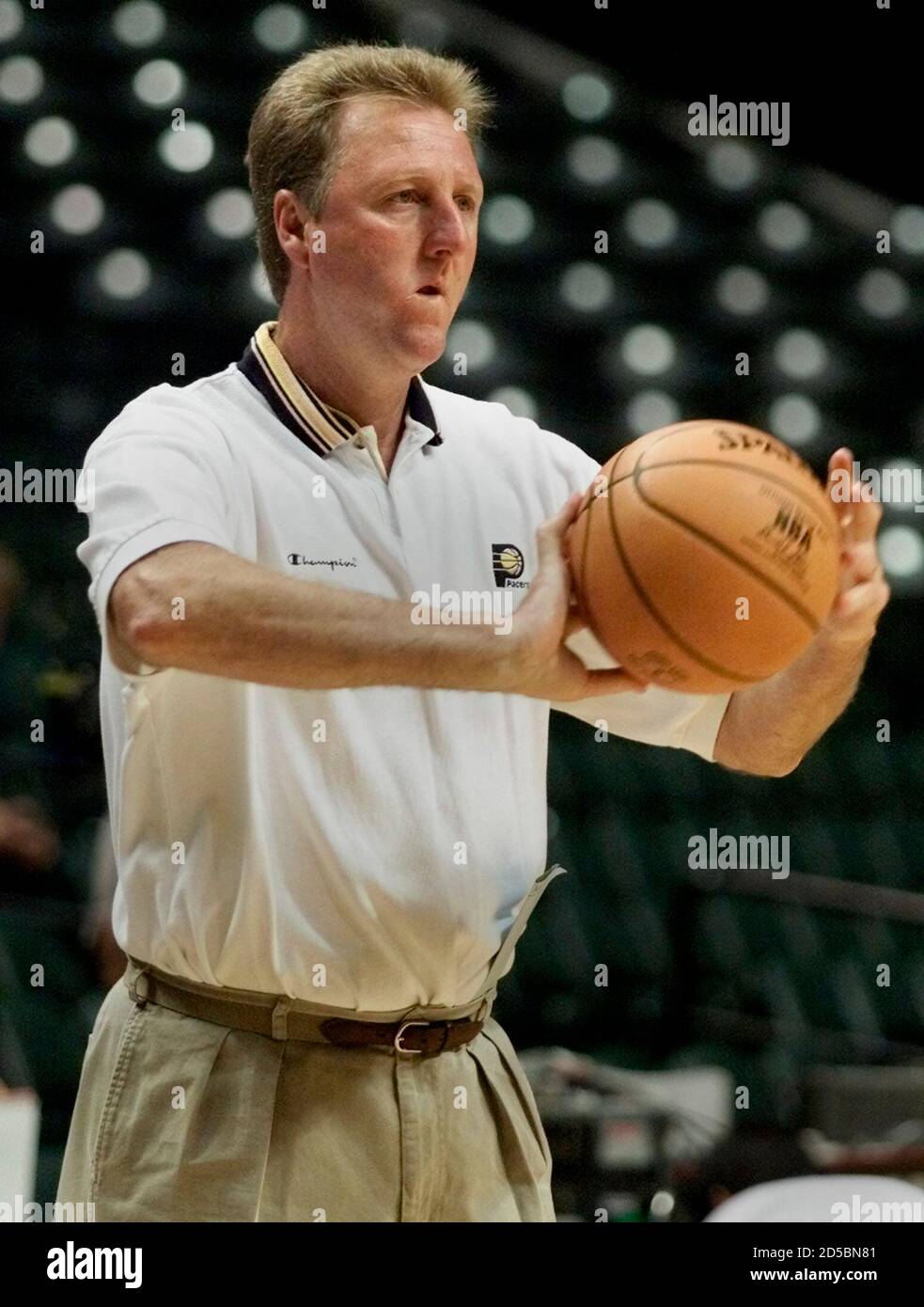 Indiana Pacers coach Larry Bird directs practice for the NBA Finals June  13. The Pacers will play the Los Angeles Lakers in Game 4 of the finals on  June 14. The Lakers