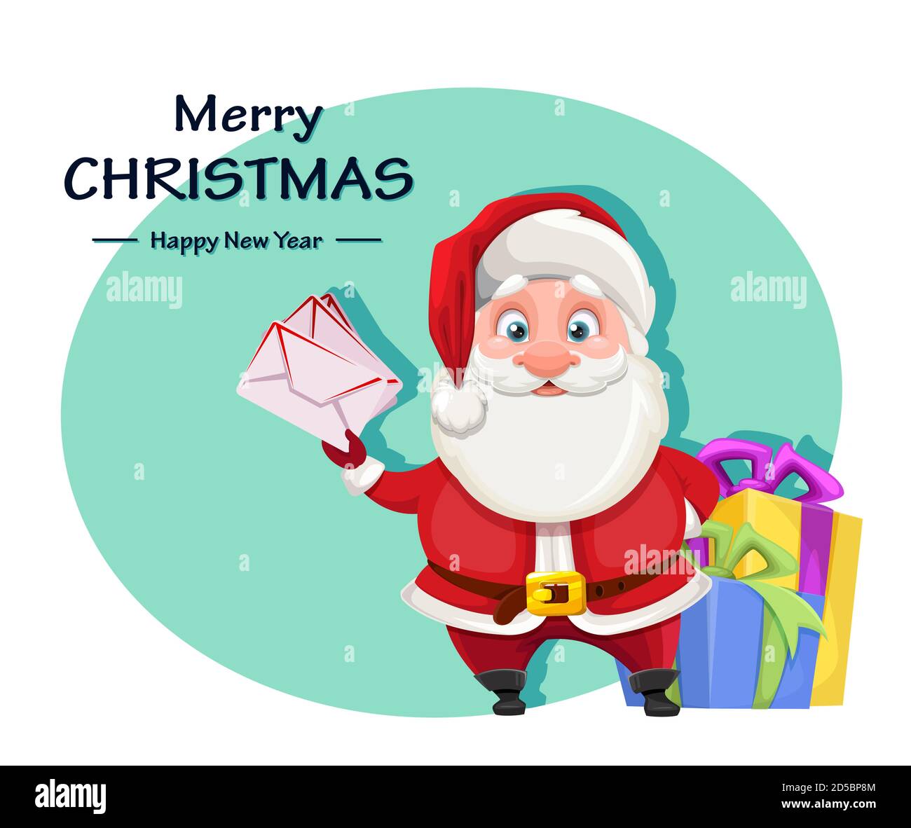 Merry Christmas and Happy New Year greeting card. Cheerful Santa Claus preparing presents for kids. Vector illustration Stock Vector