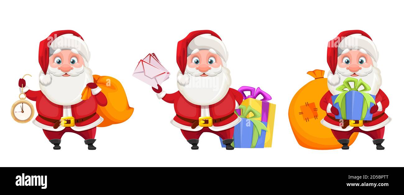 Merry Christmas and Happy New Year. Cheerful Santa Claus cartoon character, set of three poses. Santa holding clock, preparing presents for kids and h Stock Vector