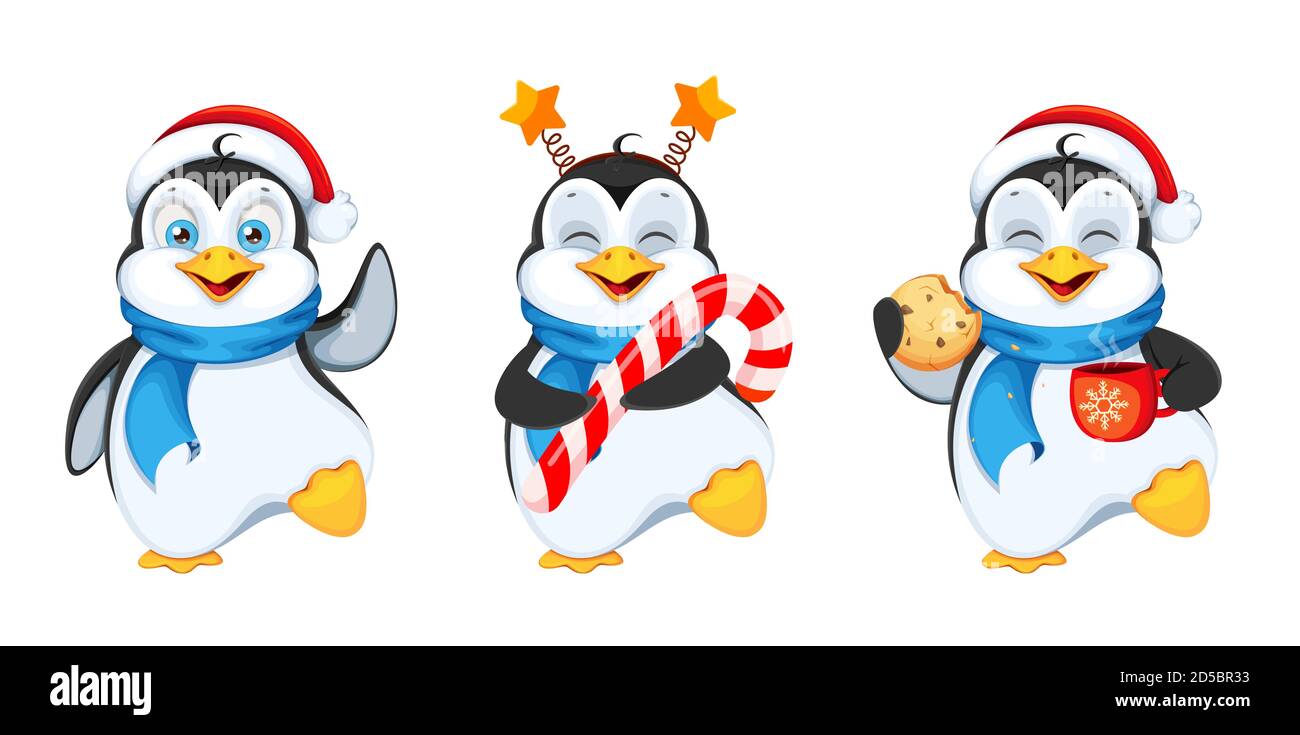 Cute penguin, set of three poses. Merry Christmas and Happy New Year
