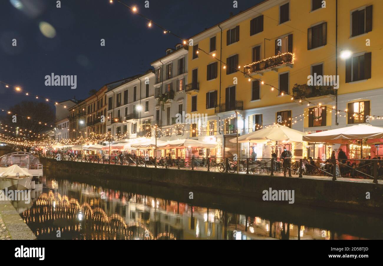 Navigli district at night decorated with Christmas lights.Milan,Lombardy,Italy Stock Photo