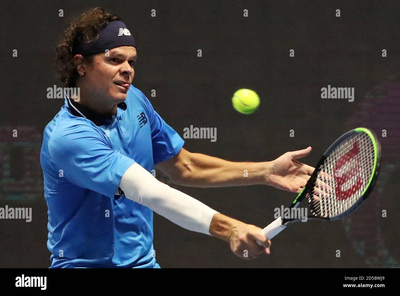 St Petersburg, Russia. 13th Oct, 2020. Canadian tennis player Milos Raonic  struggles in a Round of 32 match against his American rival Jeffrey John  Wolf during the St Petersburg Open 2020 international