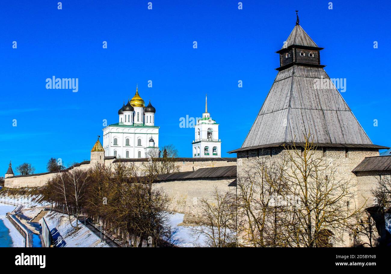The Pskov Kremlin and Trinity Cathedral. Russia Stock Photo