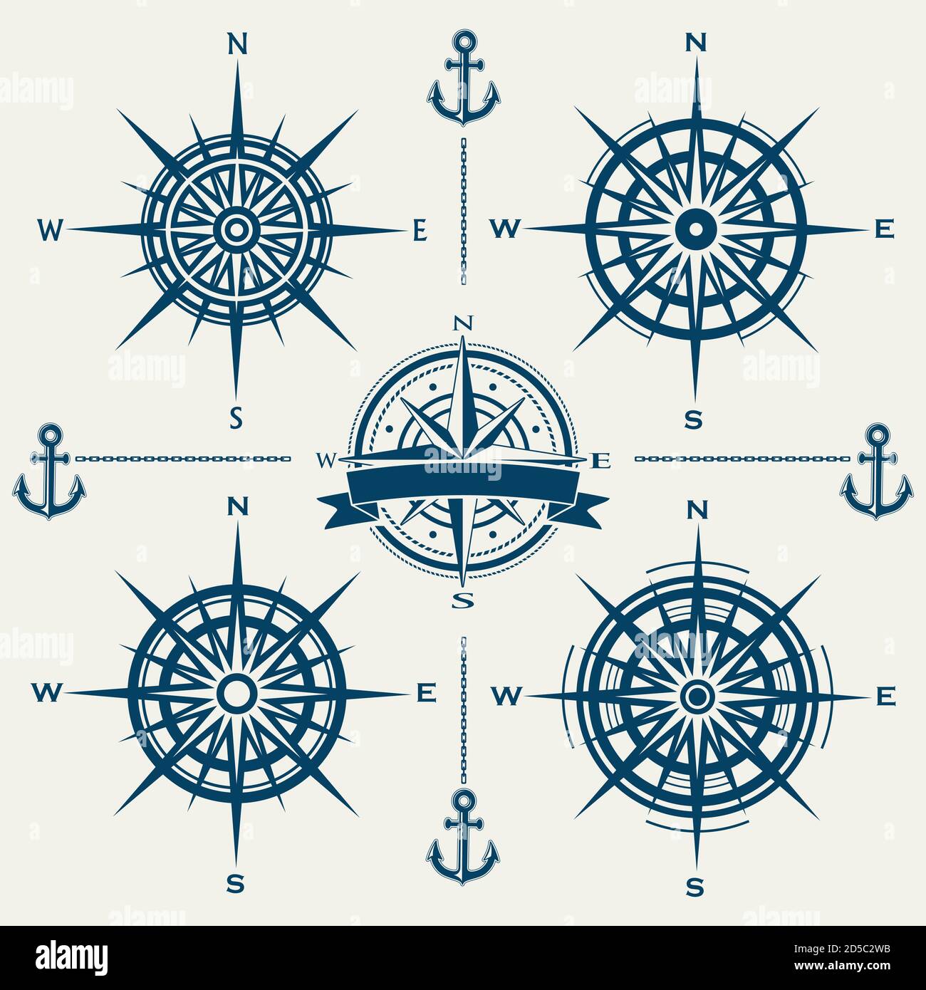 Set of vector compass roses or wind roses Stock Vector