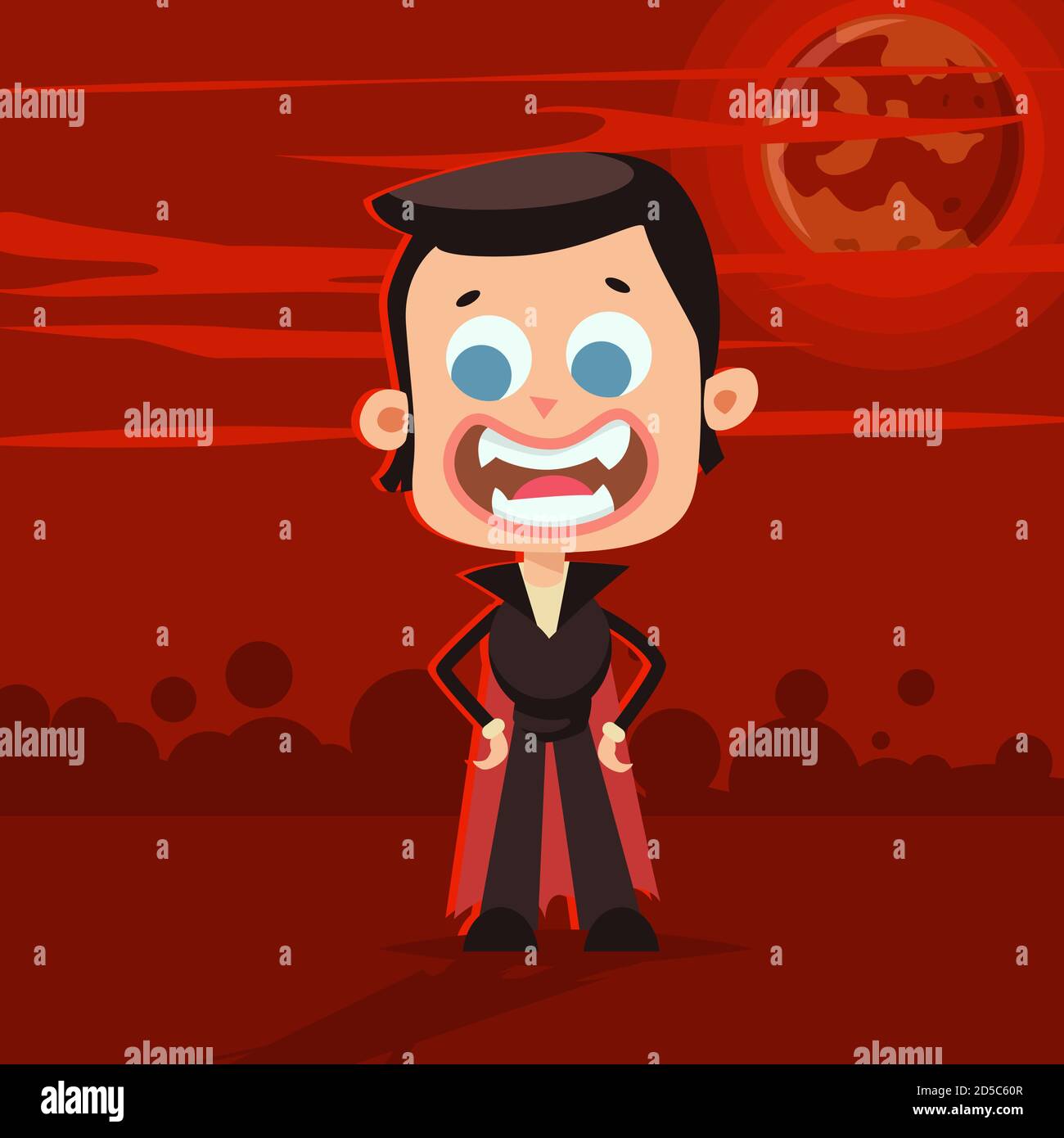 Halloween kids costume of vampire on abstract background. Vector cartoon children character for holiday and partying. Stock Vector