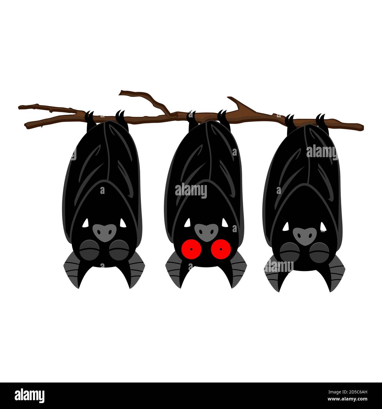 Three bats hanging on the branch. Vector Halloween cartoon character isolated on a white background. Stock Vector