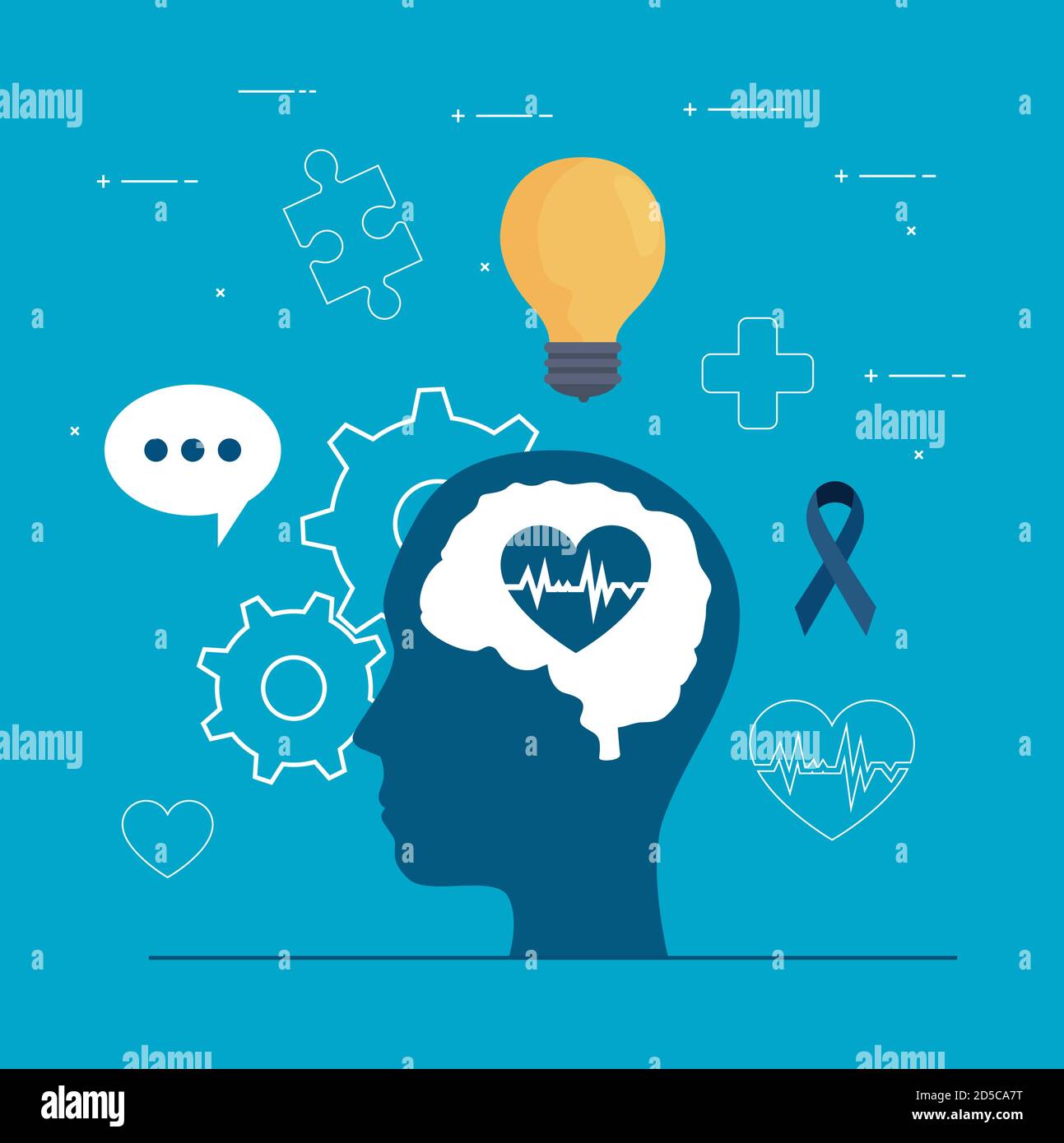 mental health of heart on brain in head and icon set vector design ...