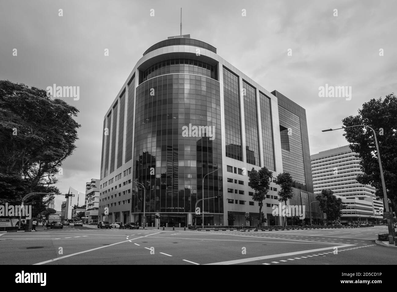 Singapore - December 3, 2019:  Main View of Singapore Pools HQ office building. Black and white photo in retro style. Stock Photo