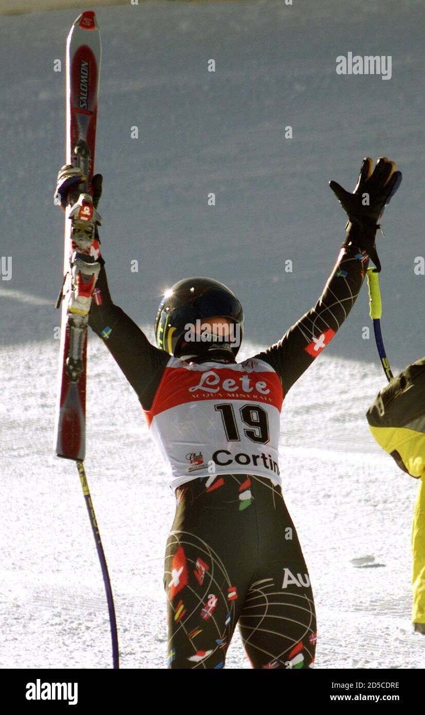 Sylvaine Berthod of Switzerland celebrates after crossing the finish line for a second place in the women's World Cup Super-G race January 23. France's Regine Cavagnoud won the race, her second World Cup victory in three days.  PH/JDP Stock Photo