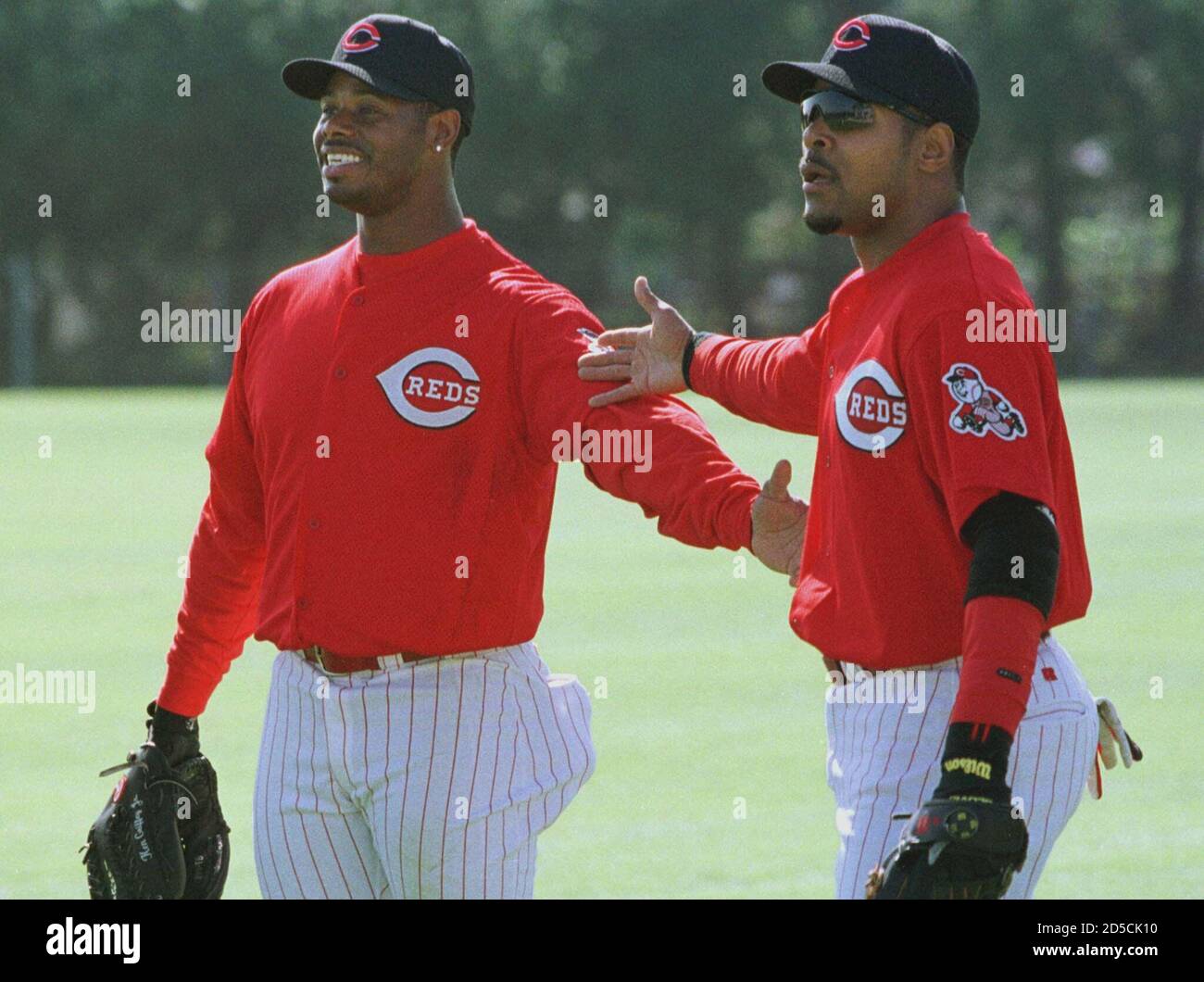 Cincinnati Red's Ken Griffey Jr. (L) and shortstop Barry Larkin (R) joke  with each other during a game of "Pepper" before batting practice at Ed  Smith Stadium complex in Sarasota, Florida on