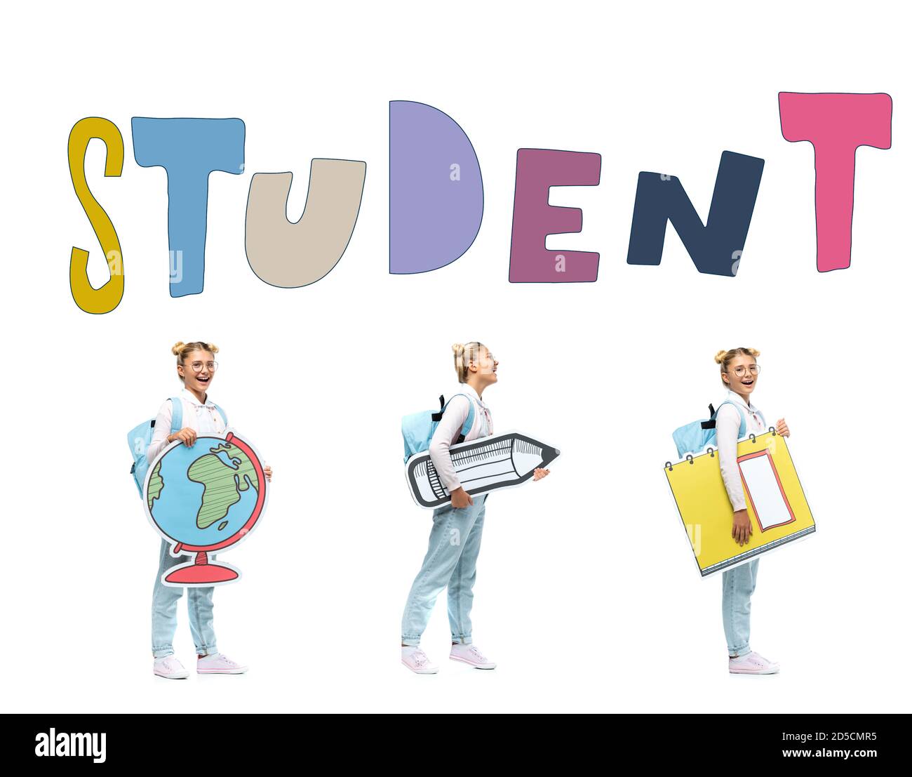 Collage of schoolkid holding paper globe, pencil and notebook near ...