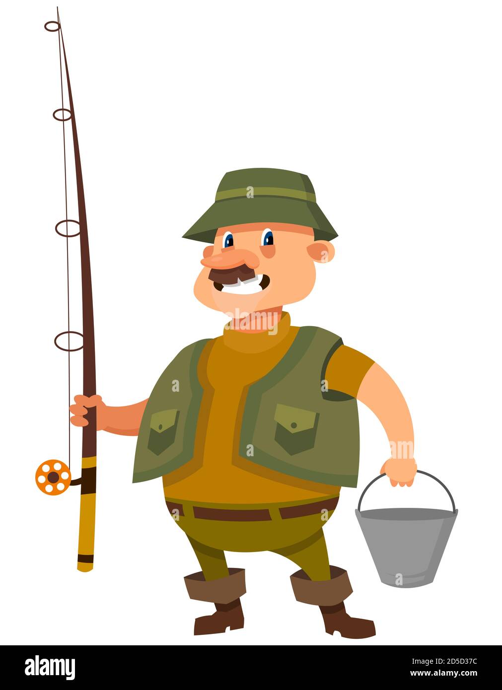 Fisherman holding bucket and fishing rod. Male character in