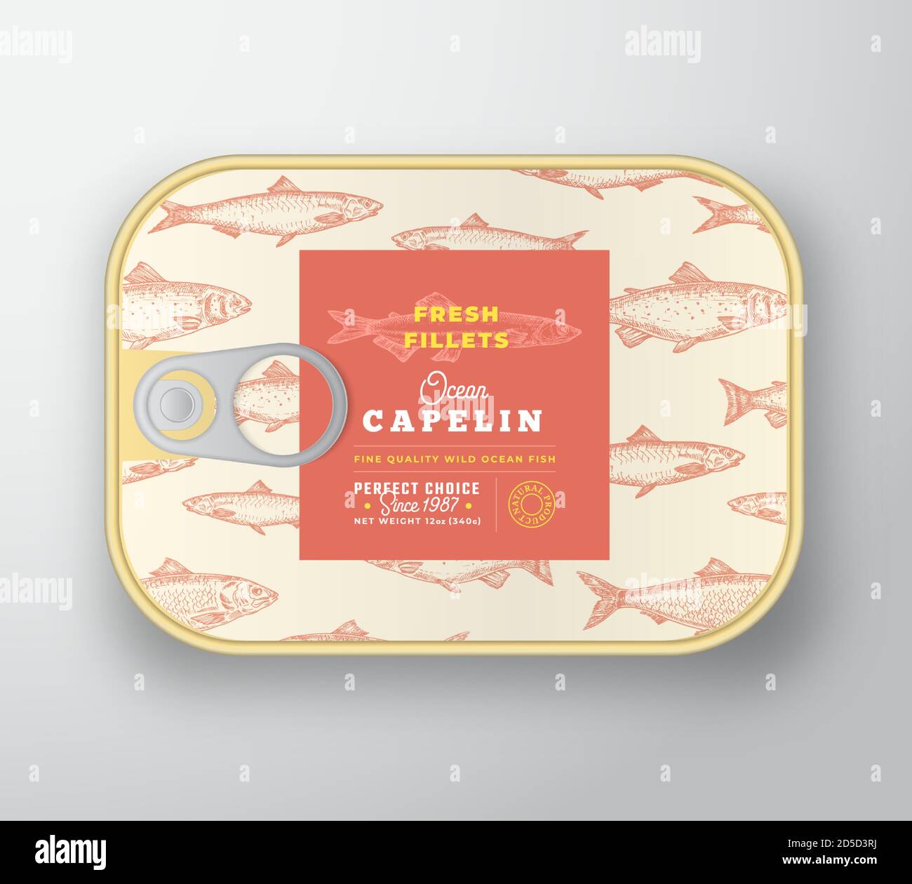 Canned Fish Label Template. Abstract Vector Aluminium Container with Label Cover. Packaging Design. Modern Typography and Hand Drawn Capelin Stock Vector