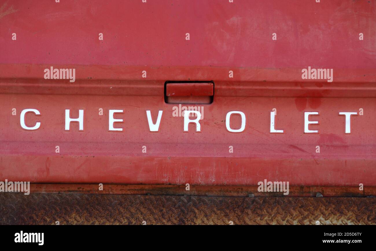 The tailgate on a vintage Chevrolet pick-up truck in the United States. Stock Photo
