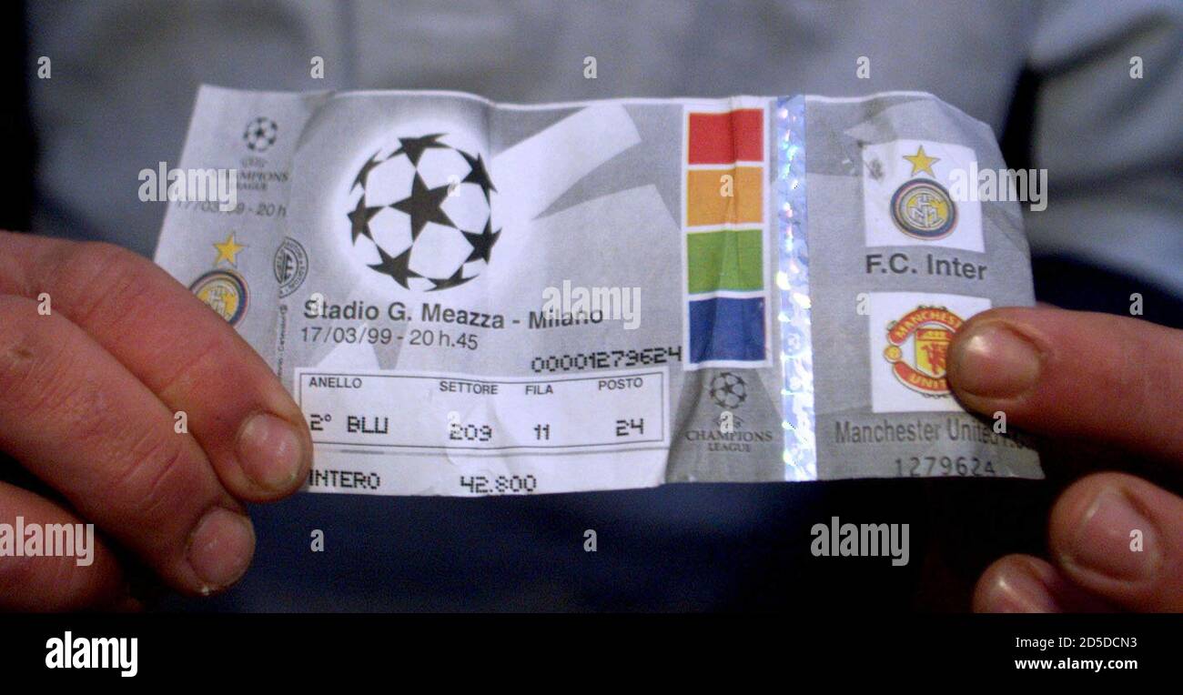 FAN DISPLAYS A COUNTERFEIT TICKET PRIOR TO INTER MILAN VS. MANCHESTER  UNITED EUROPEAN CUP QUARTER FINAL MATCH. An English fan shows a counterfeit  ticket which did not grant him access to the