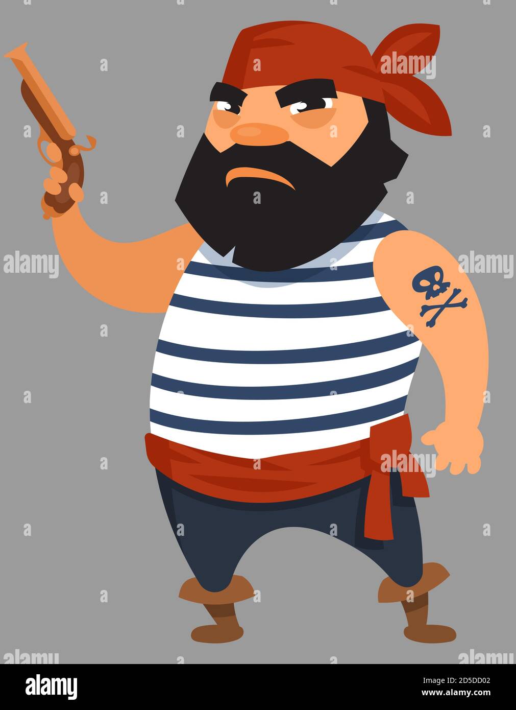 Pirate holding pistol. Male character in cartoon style. Stock Vector