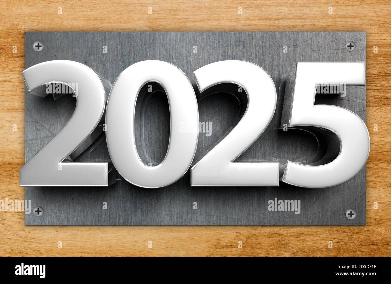 Rendering 3D illustration Stainless Steel Signs number 2025 hanging against the room door.(with