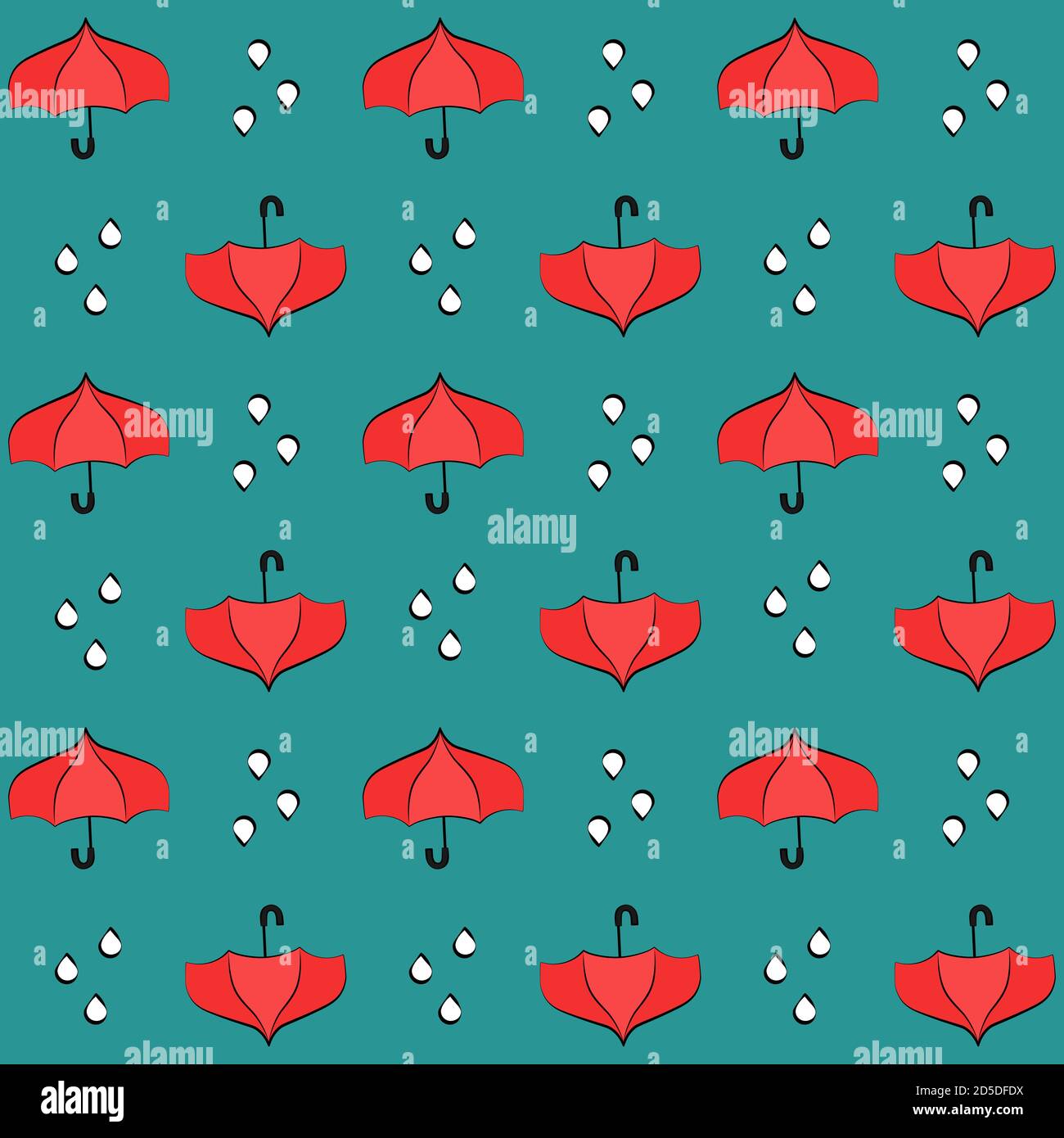 Red umbrellas seamless pattern with raindrops on blue background Stock Vector