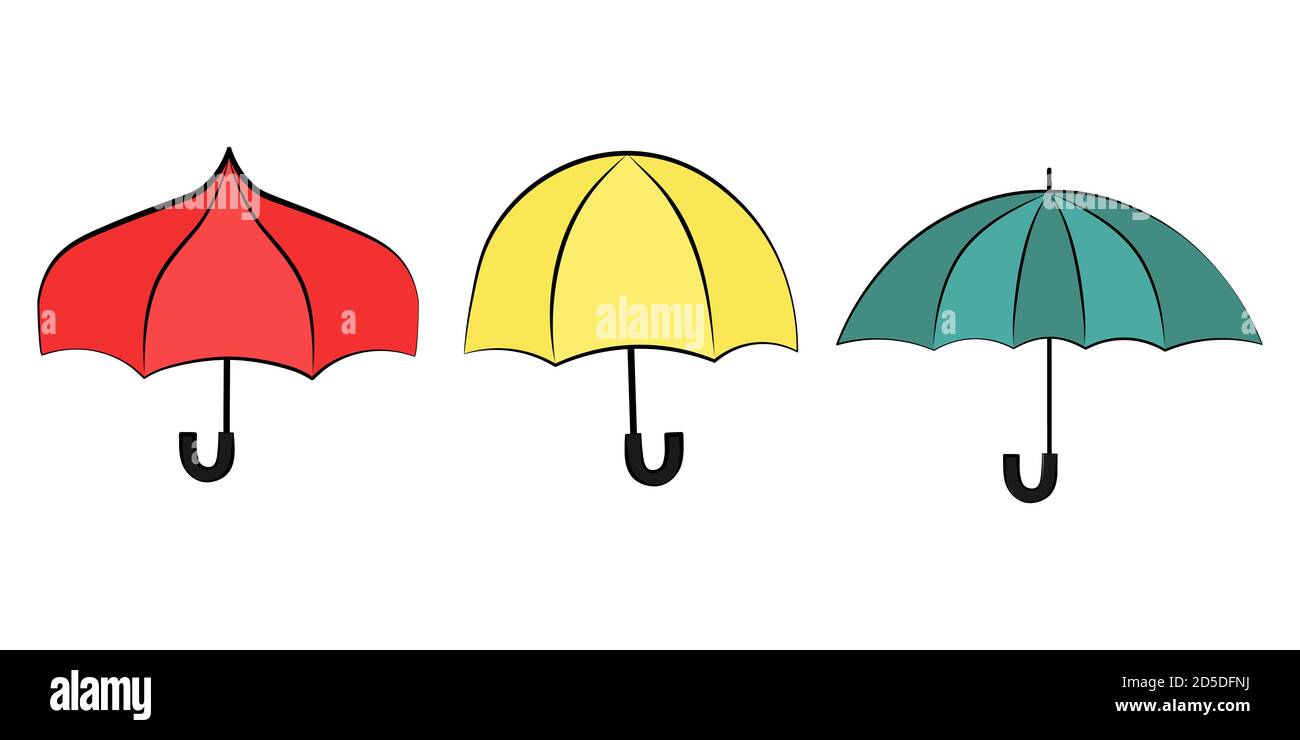 Red yellow and blue umbrellas vector icon set illustration on white