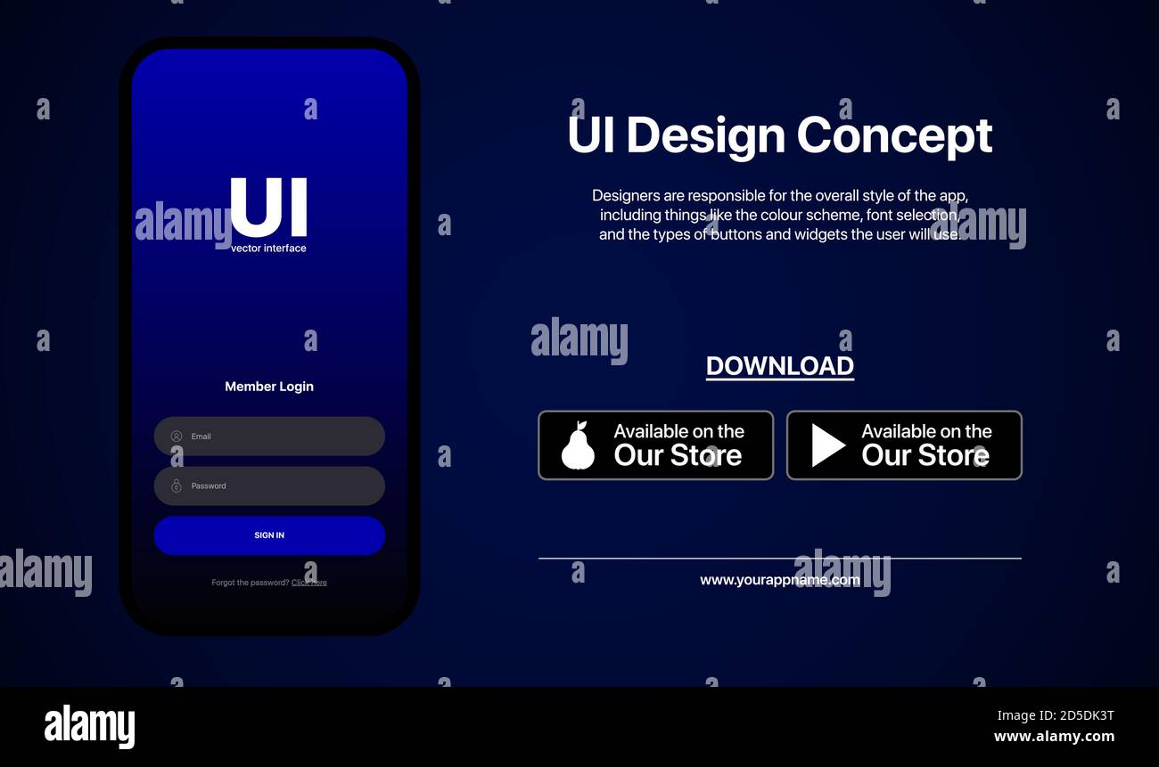 Sign In Window Interface Concept. UI Design Concept. New App Promotion.  Download Buttons. App Store. Social Media On Blue Gradient Background Stock  Vector Image & Art - Alamy