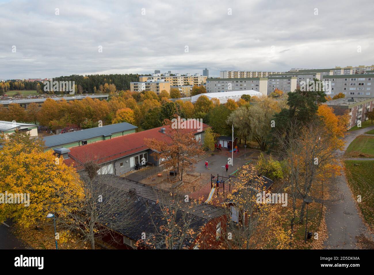 View of Tensta with kindergarten in the foreground. Stock Photo