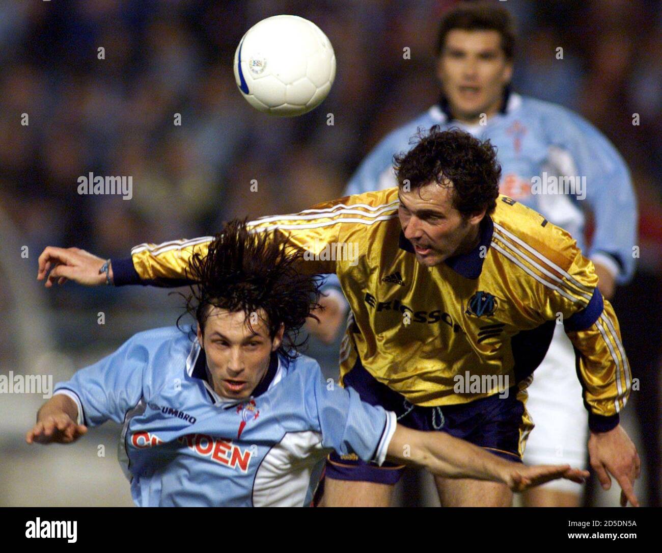 Olympique Marseille S Captain Laurent Blanc Struggles With Celta S Alexander Mostovoi L During Their Second Leg Uefa Cup Quarter Final March 16 The Match Ended 0 0 And Marseille Wins With A 2 1 In