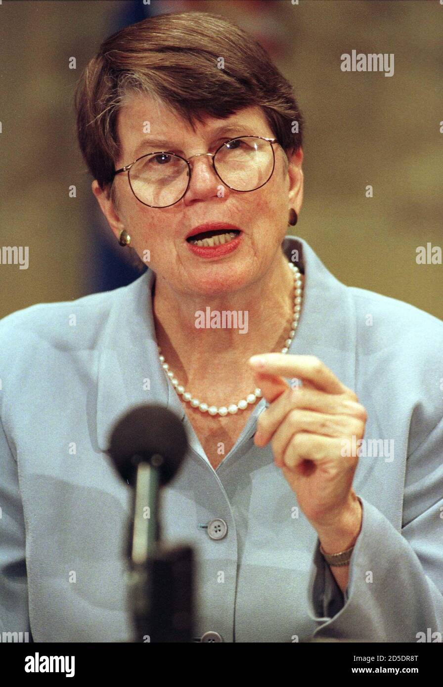 U.S. Attourney General Janet Reno speaks to reporters during her weekly media availability in Washington August 19.  MMR/TRA Stock Photo