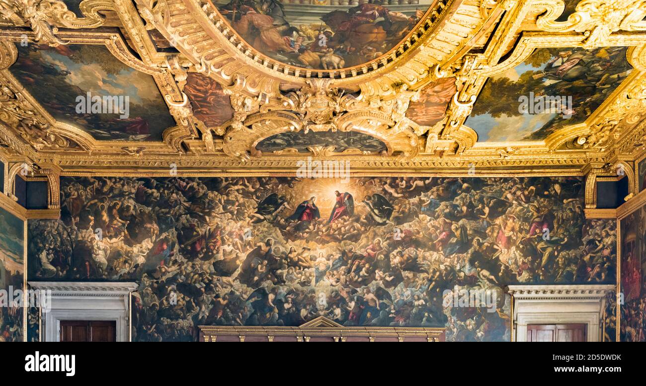 Venice, Italy.  Il Paradiso, or Paradise.  Oil painting by Tintoretto in the Chamber of the Great Council in the Palazzo Ducale, or Doge’s Palace. Stock Photo