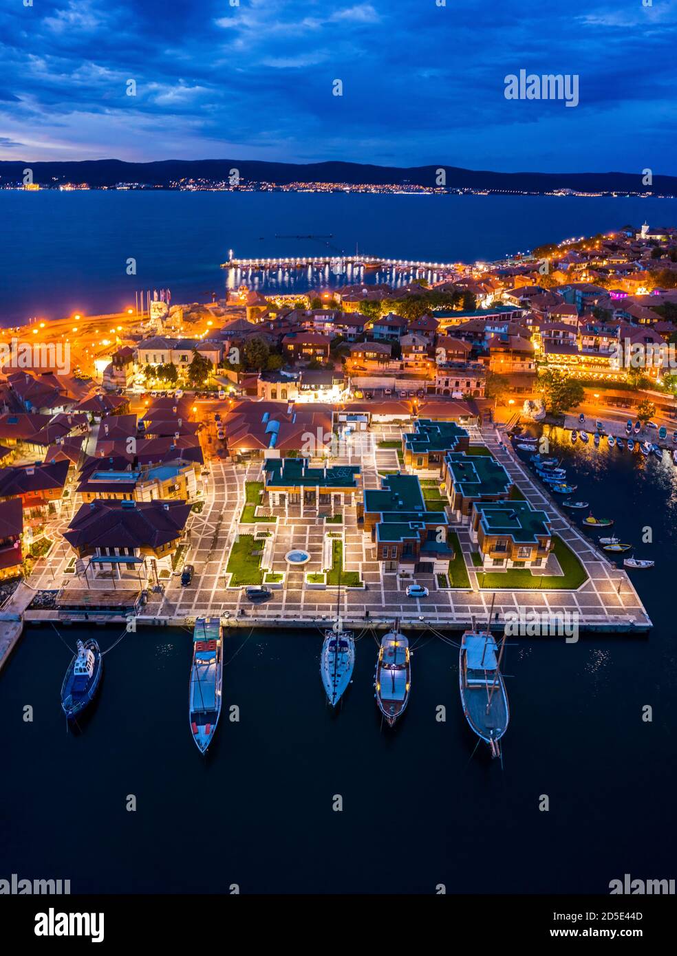 Port of Nessebar at night in summer Stock Photo