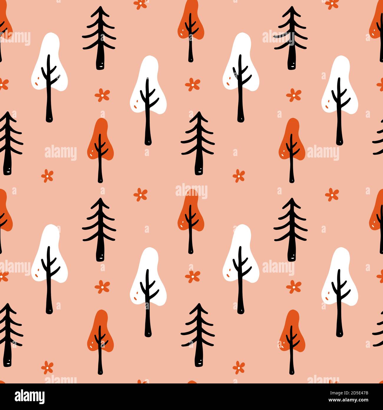 Set of hand drawn seamless pattern forest with tree and flower. Doodle ...