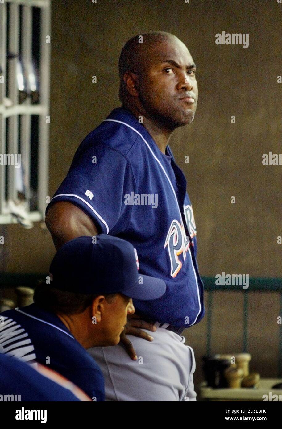 San Diego Padres designated hitter Tony Gwynn glares from the 