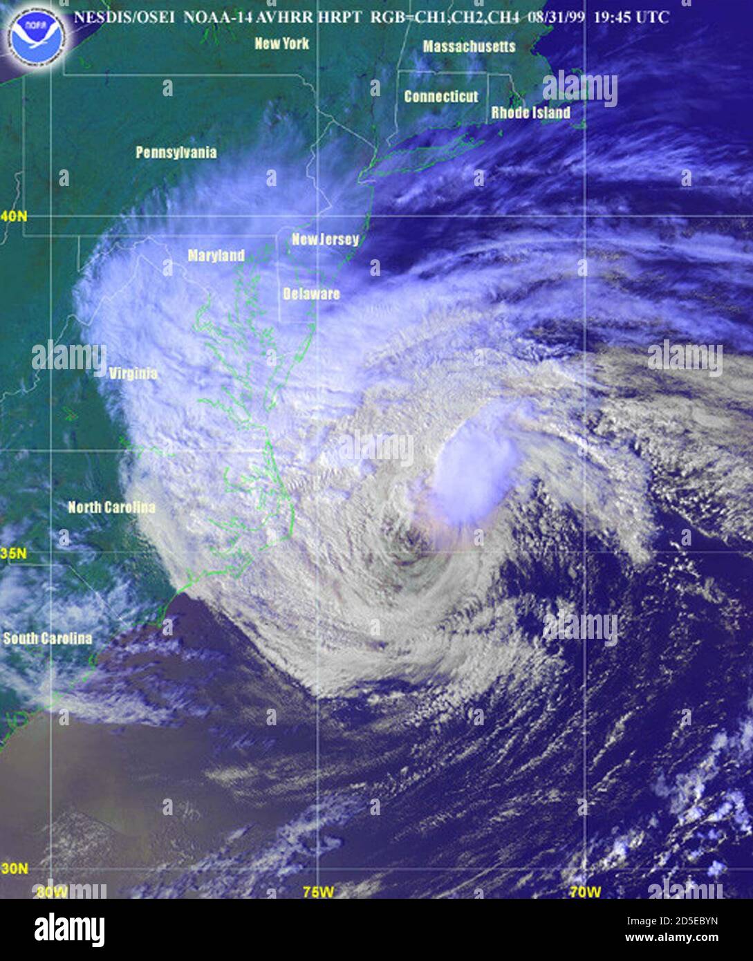 Tropical Storm Dennis is shown off the North Carolina coast in this