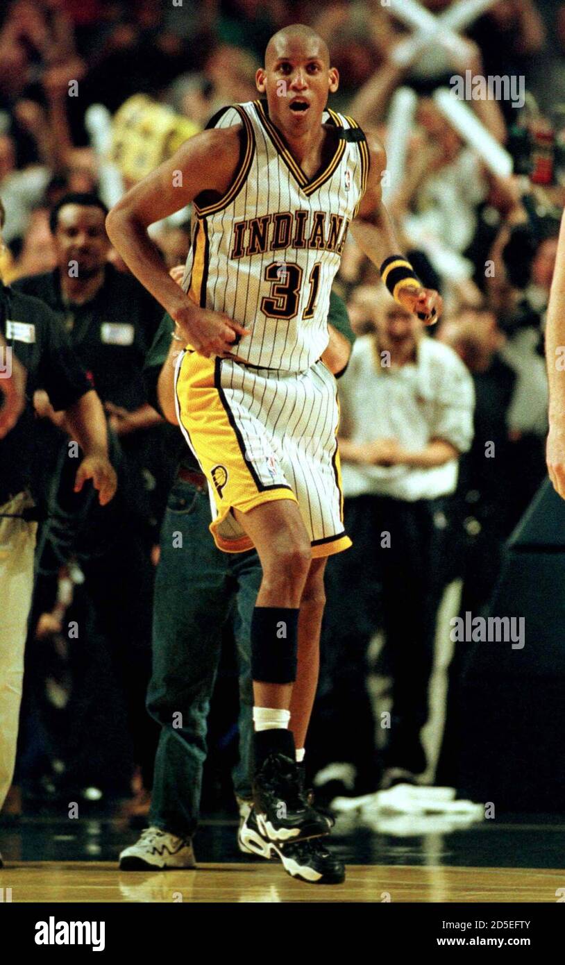 Indiana Pacers guard Reggie Miller jumps up after hitting a game-winning  three-point shot to beat the Chicago Bulls in their NBA playoff game at  Market Square Arena May 25. The Pacers won