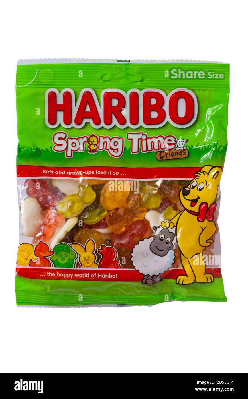Packet of Haribo Spring Time friends sweets ready for Easter isolated on white background Stock Photo
