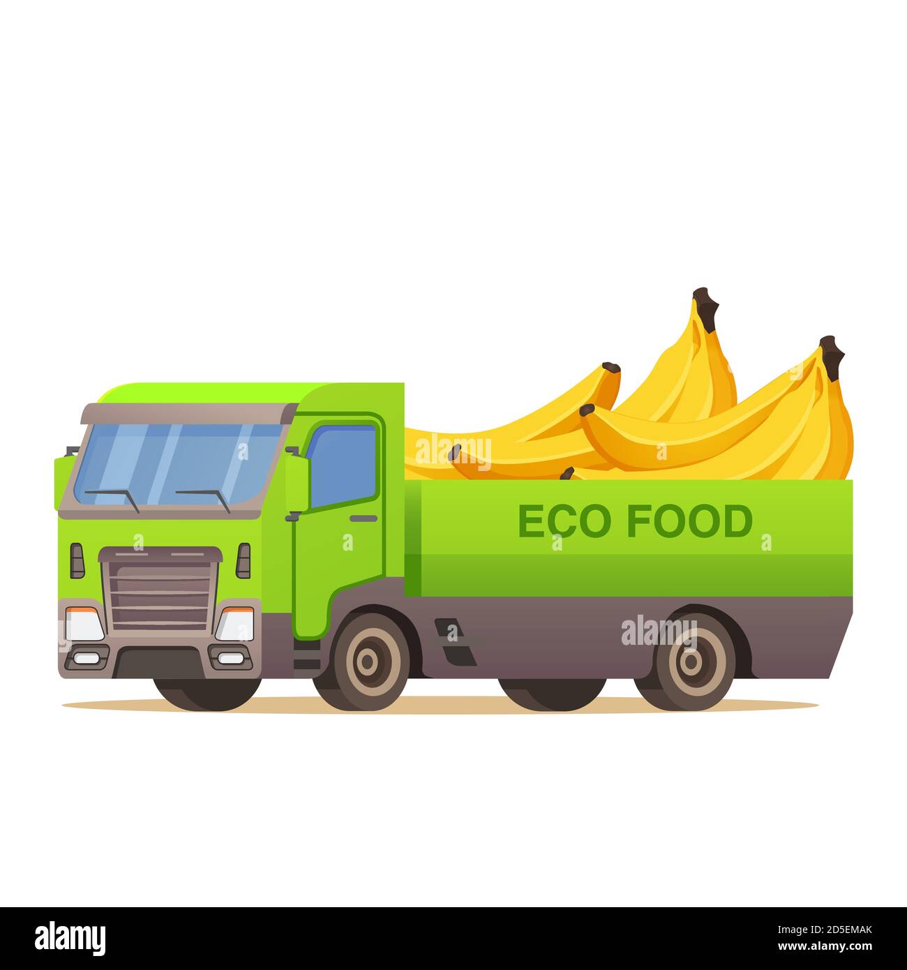 Food delivery truck banana fruits tropical. Vehicle front view Stock