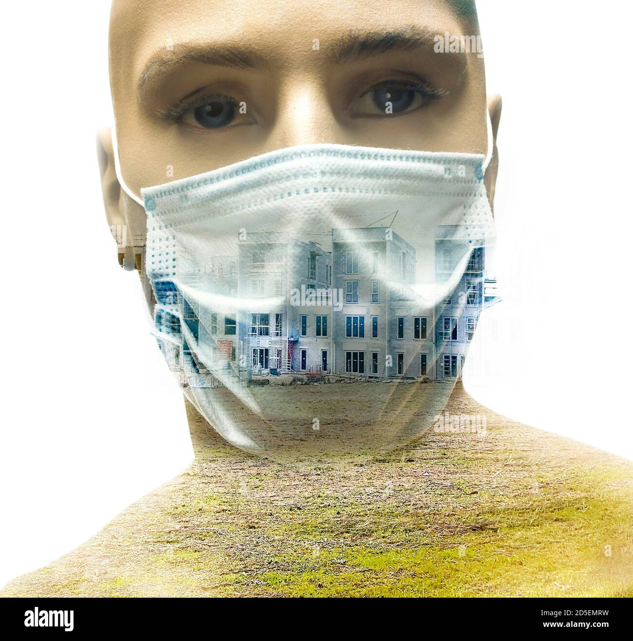 Portrait of a person wearing a mask with an overlay of a deserted building landscape Stock Photo