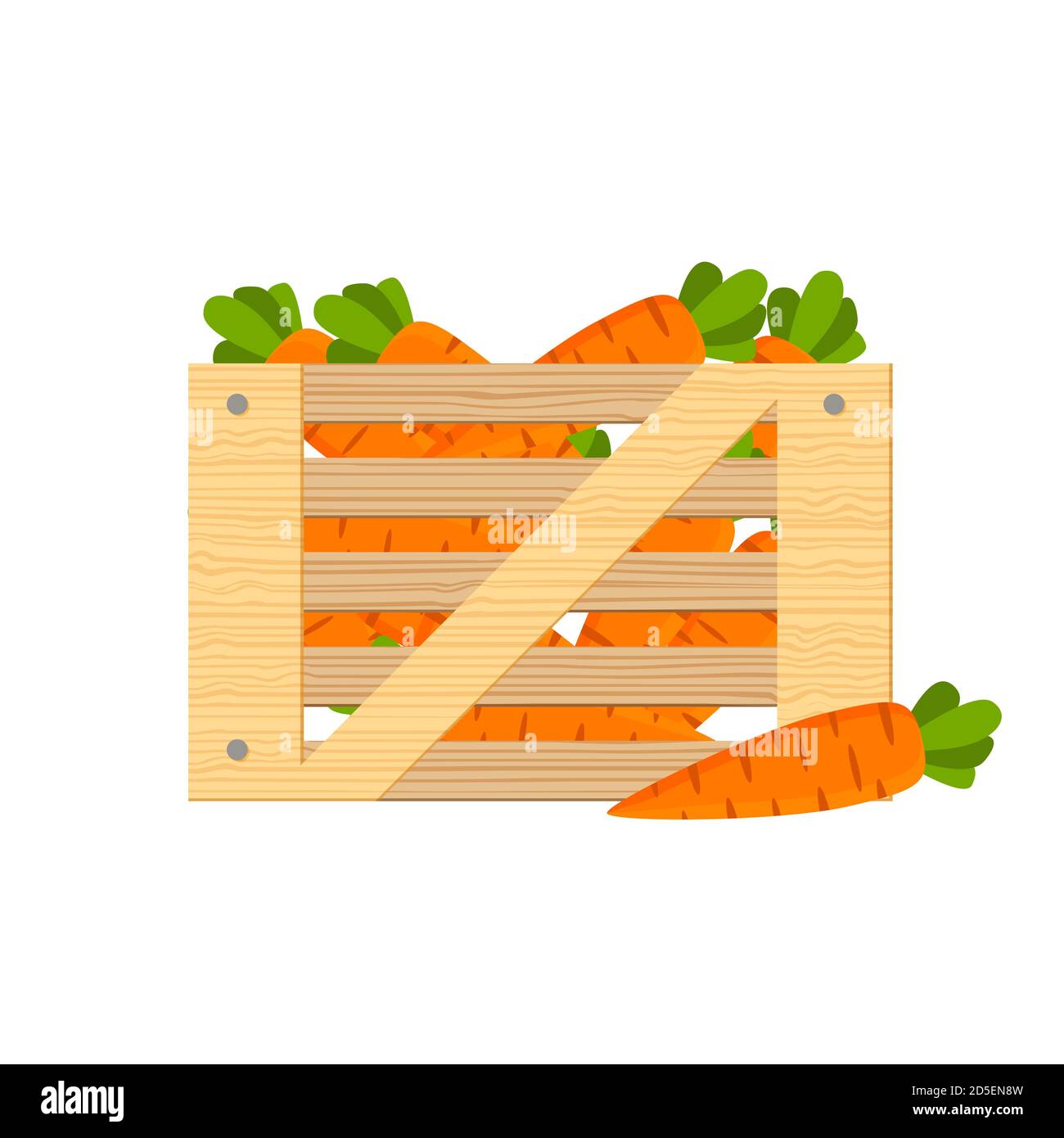 Wooden box with carrot. Harvesting vegetables. Flat illustration vector. Stock Vector
