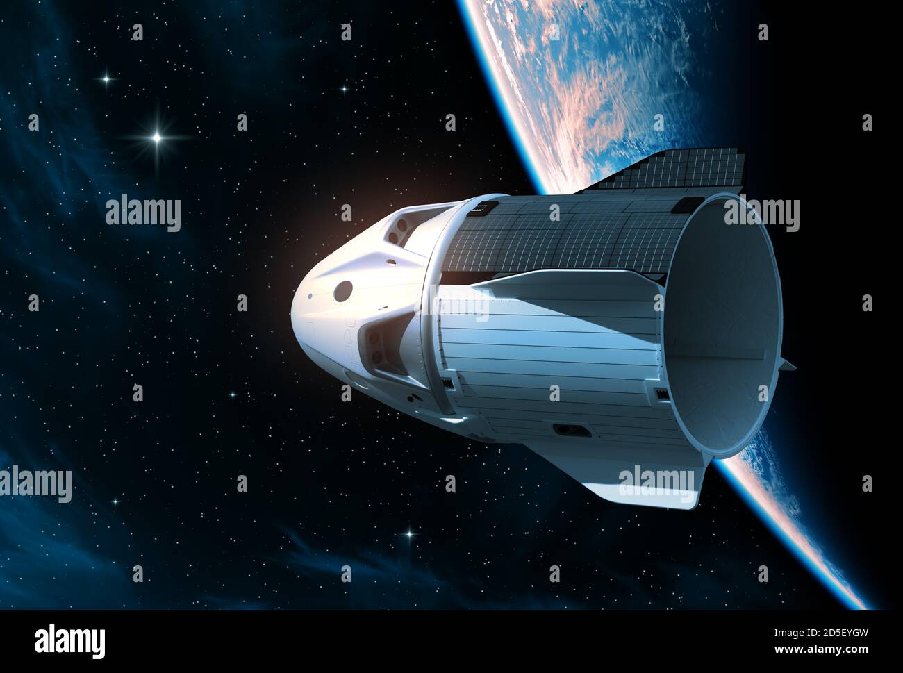 Commercial Spaceship On The Background Of Planet Earth Stock Photo