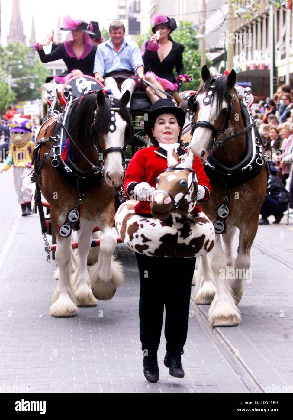 Clare Bartholomew, a member of "Hobby Horses" theatrical group skips