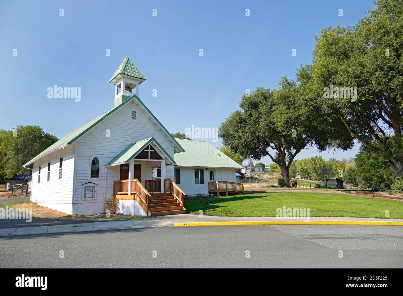 A small community church on a side street in Dayville, Oregon, along the John Day River. Stock Photo