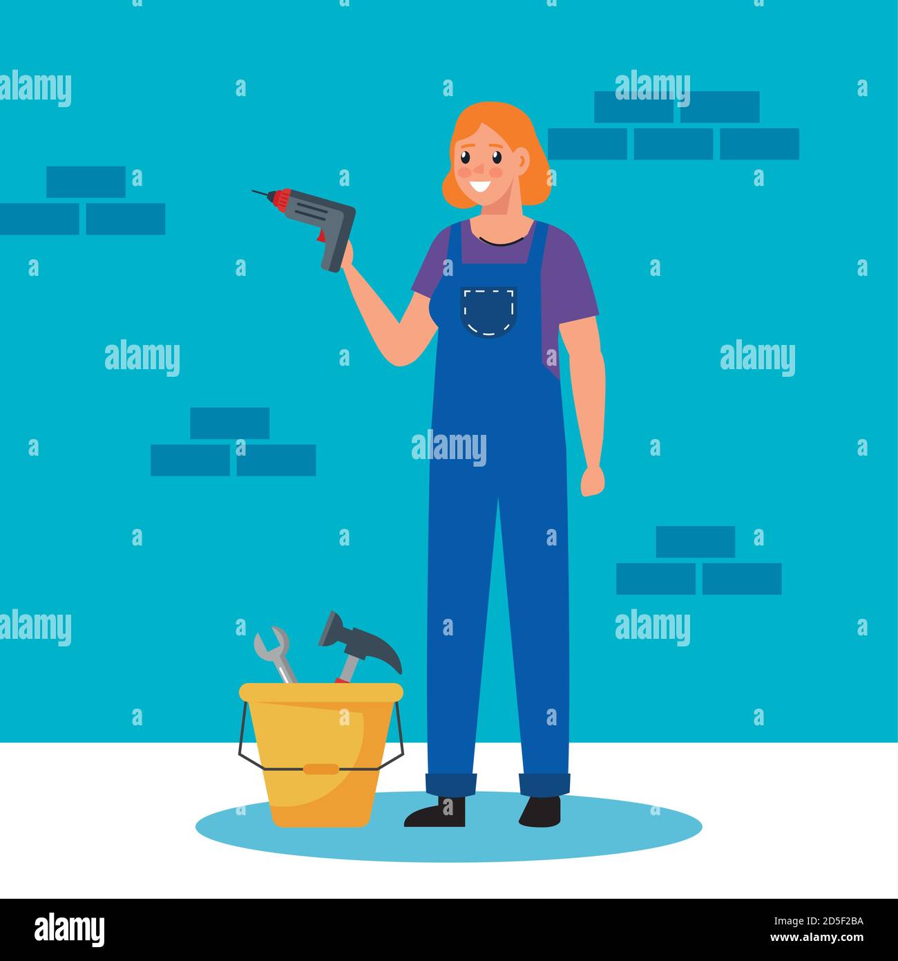 constructer woman with drill and tools bucket vector design Stock ...