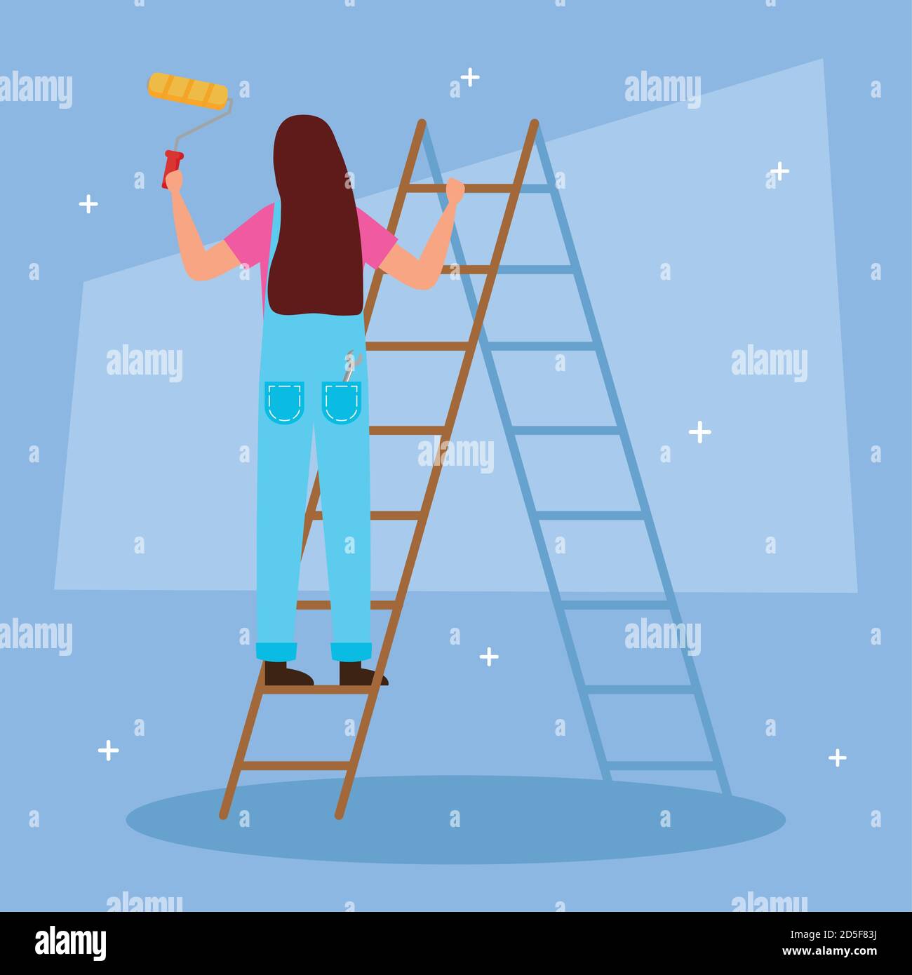 painter woman with roll and bucket on ladder vector design Stock Vector ...