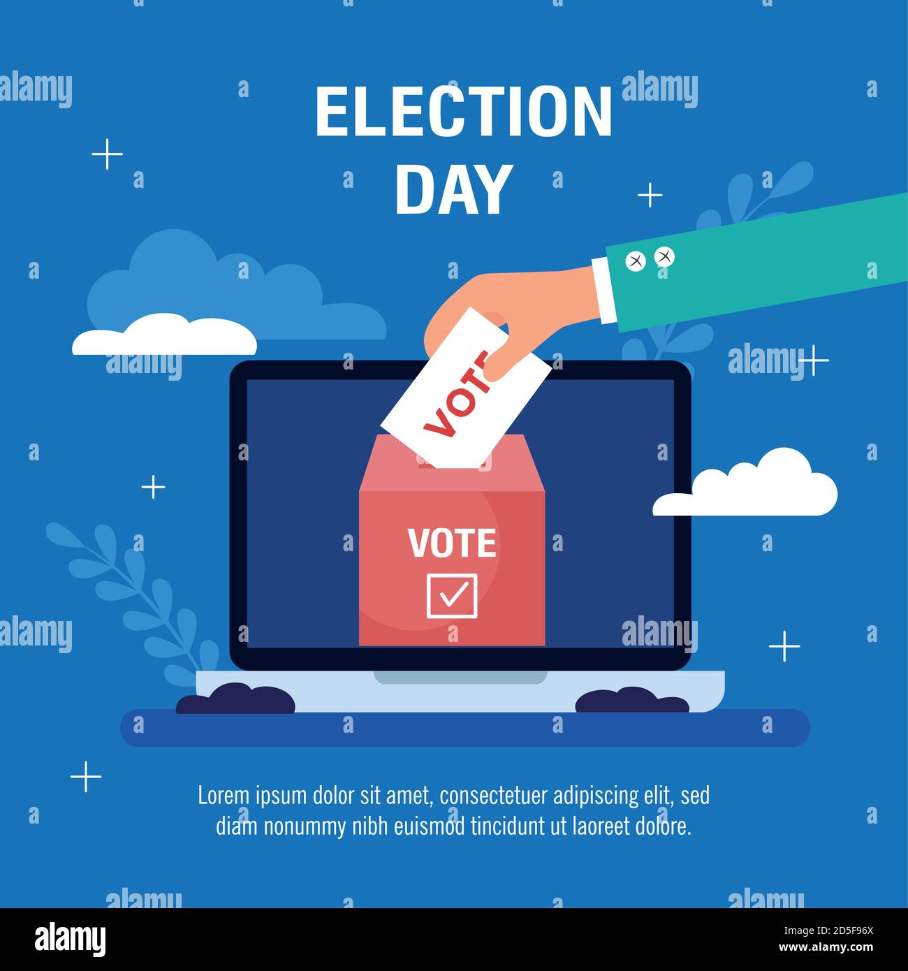 Election day hand holding vote paper and box on laptop vector design ...
