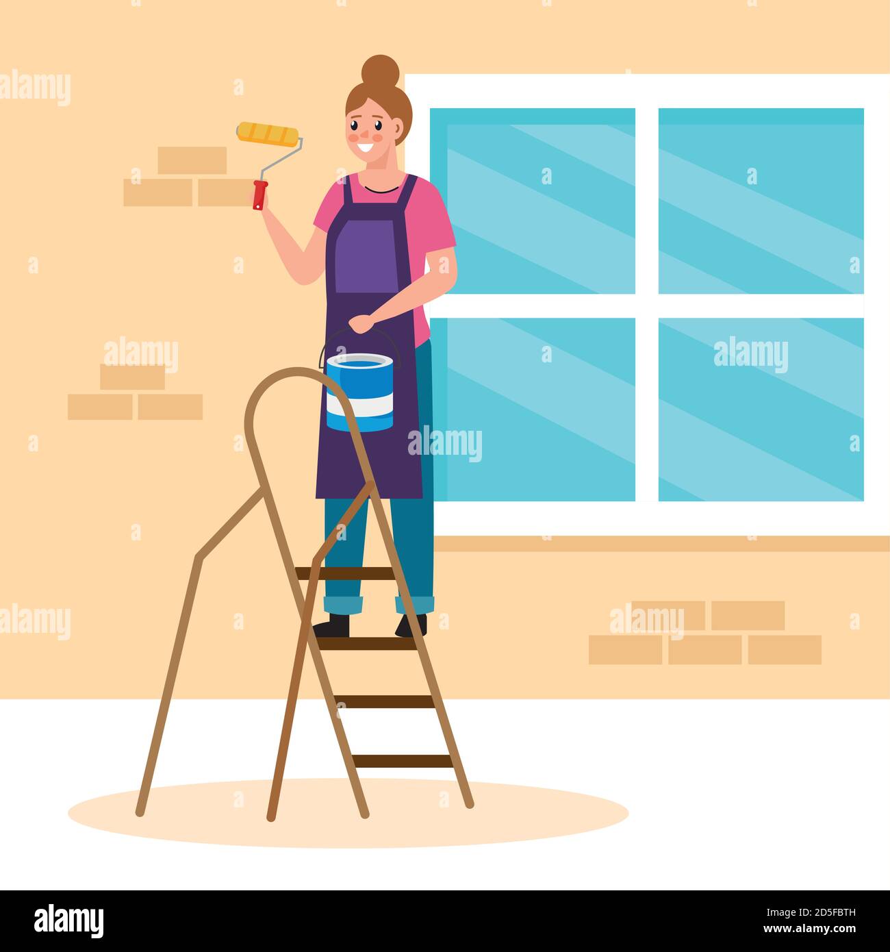 painter woman with roll and bucket on ladder vector design Stock Vector ...