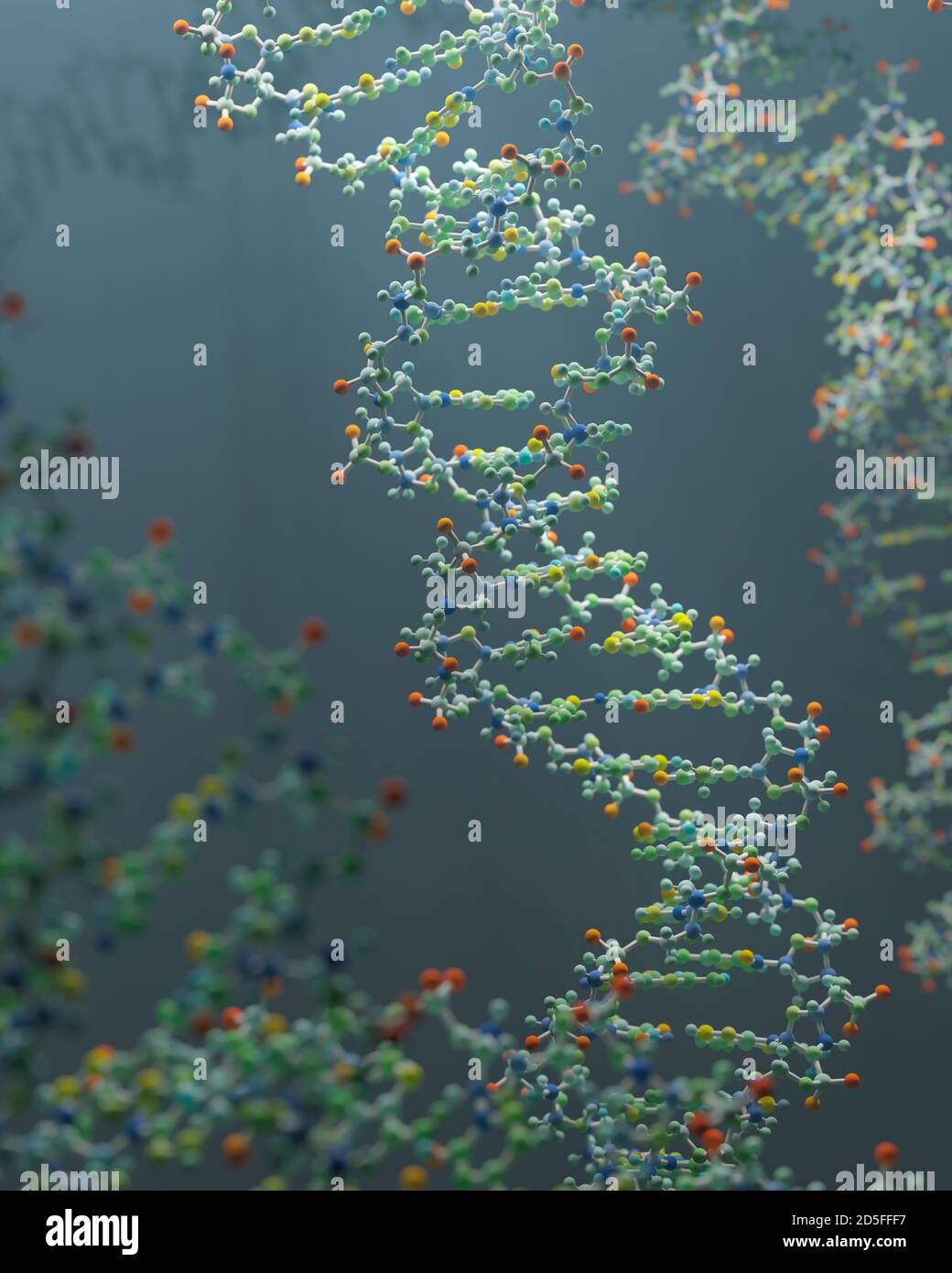 DNA is a molecule and a double helix carrying genetic instructions for the development, functioning, growth and reproduction of all known organisms. Stock Photo